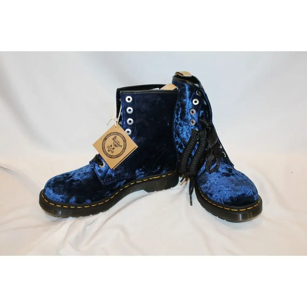 DR. MARTENS Women's‎ Airwair Vegan 1460 Blue Velvet Crushed Velvet Boots NEW